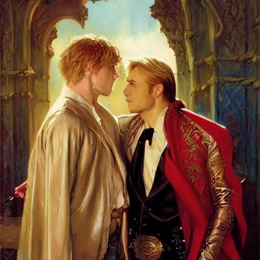 Image similar to attractive male arthur pendragon who has blond hair confesses his love to attractive male dracula. highly detailed painting by gaston bussiere, craig mullins, j. c. leyendecker 8 k