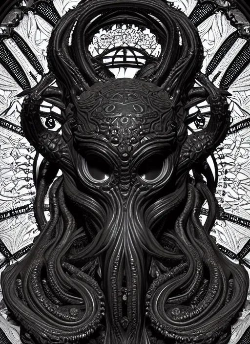 Prompt: an intricate detailed complex ebony sculpture of cthulhu with large emerald eyes, lovecraftian, contrast atmosphere, majestic, symmetrical face, artgerm, dark mist, portrait, detailed monochrome, feature on artstation hd, detalied complex of monster illustration, character design art, border and embellishments dslr, hyperreal by alphonse mucha
