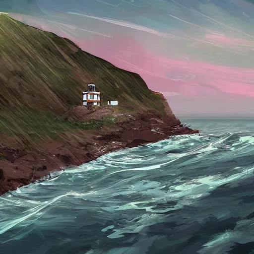 Prompt: digital art of a coastal landscape with a lighthouse, by Disco Elysium