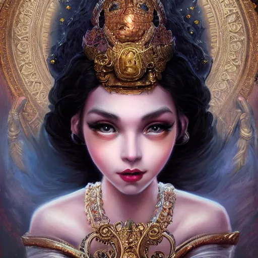 Prompt: an intelligent young goddess with a gold grown lookin at the camera, she has a beautiful unconventional face, intricate, elegant, highly detailed, digital painting, artstation, concept art, smooth, sharp focus, illustration, art by mark ryden and gaston bussiere 3 d 8 k ultra detailed