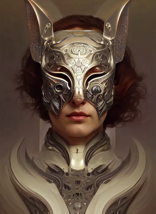 Prompt: organic cyborg, cat mask opening, diffuse lighting, fantasy, intricate, elegant, highly detailed, lifelike, photorealistic, digital painting, artstation, illustration, concept art, smooth, sharp focus, art by John Collier and Albert Aublet and Krenz Cushart and Artem Demura and Alphonse Mucha