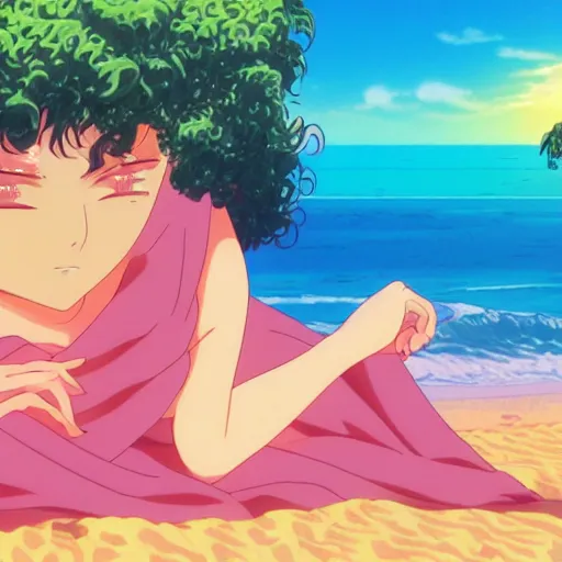 Prompt: girl laying in the sand next to ocean in sunset, sprite, vaporwave nostalgia, visual novel cg, 8 0 s anime vibe, kimagure orange road, maison ikkoku, initial d, drawn by by rumiko takahashi, directed by hideki anno, wallpaper, ultra hd, vlc screenshot