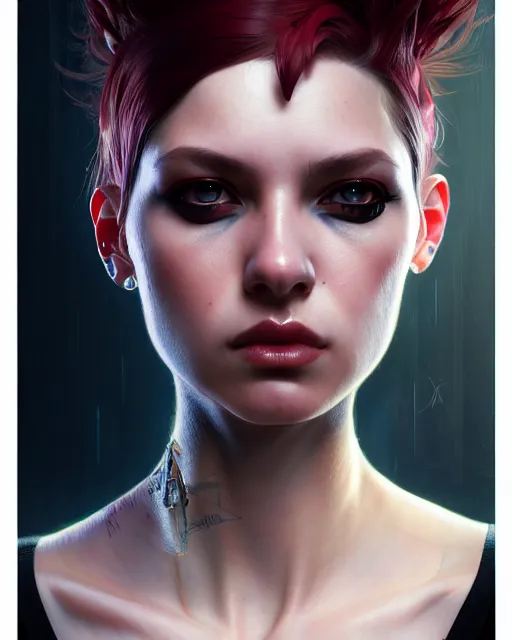 Image similar to beautiful female punk, portrait, cyberpunk, symmetry, ultra detailed, elegant, intricate, dynamic lighting, hyperrealism, digital art, digital painting, artstation, wlop, sharp focus, illustration, art by artgerm and greg rutkowski and alphonse mucha, 8 k