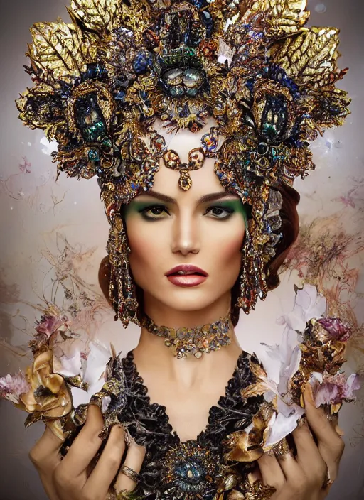 Image similar to expressive full body photo of a miss universe, ornate headpiece made from flowers, ornaments, glamour shot, by karol bak, by stefan gesell, photorealistic, canon r 3, fashion photography, hyper maximalist, elegant, ornate, luxury, elite, environmental portrait, symmetrical features, octane render, unreal engine, solid dark grey background, dramatic lights