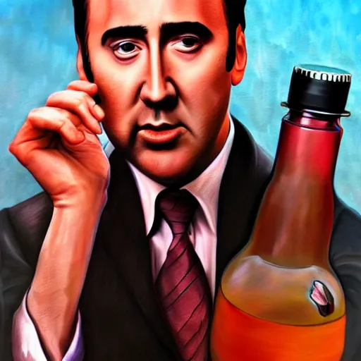 Prompt: Drinking from bottle liquid with face Nicolas Cage, Surrealism, Surreal drawing, Digital art, from artstation, art by Salvador Dali