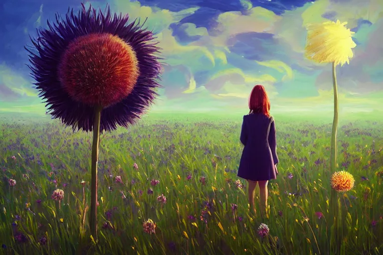 Image similar to portrait, giant thistle flower under head, a girl in a suit in field of flowers, surreal photography, sunrise, blue sky, dramatic light, impressionist painting, digital painting, artstation, simon stalenhag