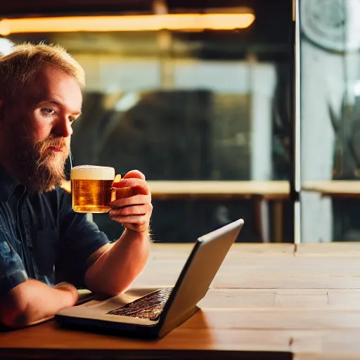 Prompt: badger sitting at a computer and drinking a beer!!!!!! professional photography, artistic lighting