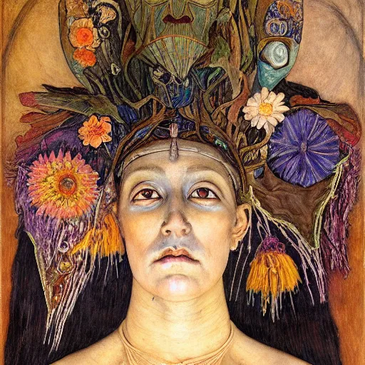 Image similar to masterpiece painting of a dark flower shaman, by annie swynnerton and jean delville and diego rivera and evelyn de morgan, facemask made of flowers, art brut, outsider art, symbolist, dramatic lighting, god rays, elaborate geometric ornament, clean crisp graphics, smooth sharp focus, extremely detailed, adolf wolfli