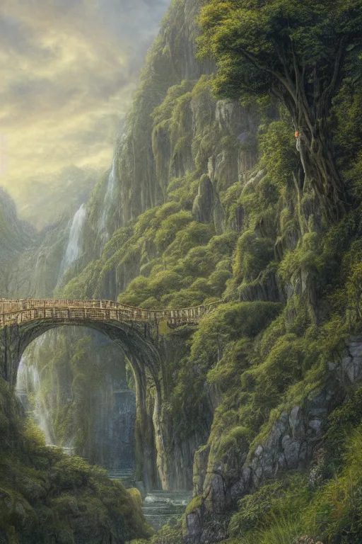 Prompt: beautiful detailed matte painting of Rivendell at the gorge, evening, Alan Lee, Artstation