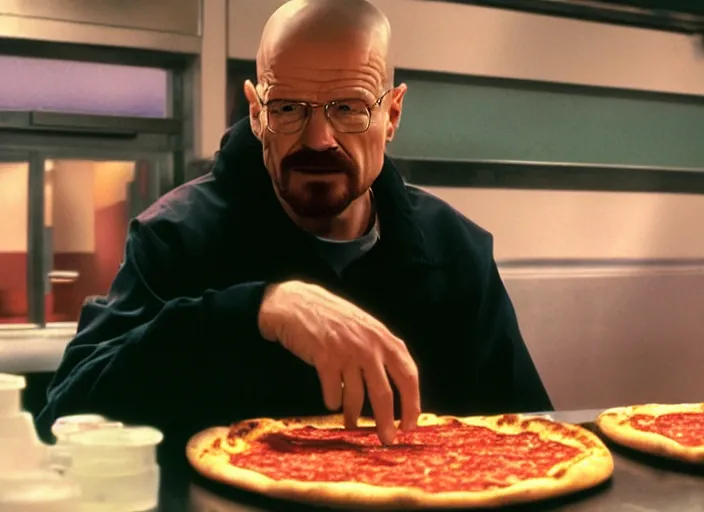 Image similar to walter white eating pizza at chuck - e - cheese, dramatic lighting, film still from breaking bad ( 2 0 1 0 ), 3 5 mm kodak, 2 4 mm lens, directed by rian johnson