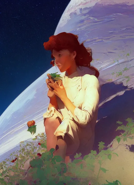 Image similar to closeup hyperdetailed shot if a gorgeous beautiful girl on the moon caring for ripen tomato plants inside a crater filled with smoke, planet Earth in the sky by Craig Mullins, ilya kuvshinov, krenz cushart, artgerm trending on artstation by Edward Hopper and Dan Mumford and WLOP and Rutkovsky, carl spitzweg and moebius, Unreal Engine 5, Lumen, Nanite