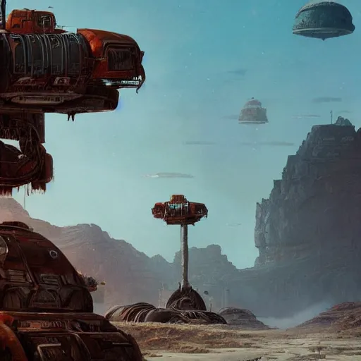 Prompt: rusty abandoned machines in an alien landscape, science fiction, trending on artstation, digital art, by Greg Rutkowski, Chris Foss, John Howe, unreal engine