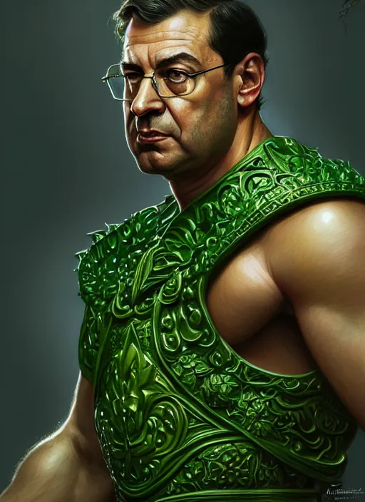 Image similar to portrait of aggressive florentino perez, d & d, muscular! green, fantasy, intricate, elegant, highly detailed, digital painting, artstation, concept art, smooth, sharp focus, illustration, art by artgerm and greg rutkowski and alphonse mucha