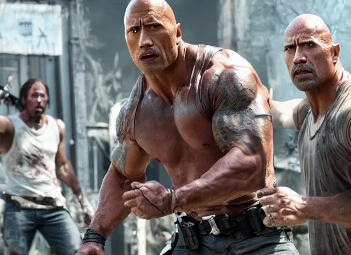Image similar to film still of dwayne the rock johnson fighting zombies in the new walking dead tv series, 4 k