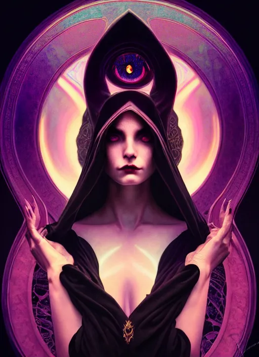 Image similar to book cover, front portrait, dark witch with black hood and evil eyes, realism, soft, smooth, luminescent, art nouveau tarot, backlit glow, colorful swirly ripples, gaudy colors, aesthetic octane render, unreal engine, 8 k, by artgerm, greg rutkowski, alphonse mucha