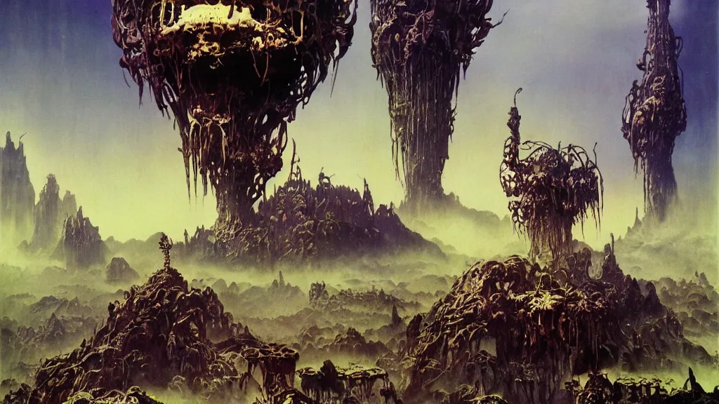 Image similar to surreal eerie alien planet empire with strange biomechanical plants by frank frazetta and bruce pennington, cinematic matte painting