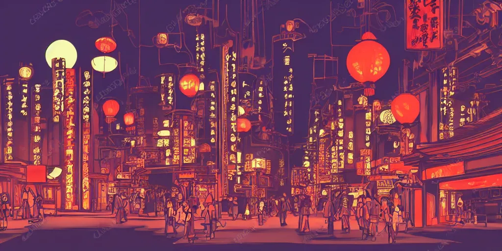 Image similar to neo tokyo in the style of studio ghibli, night, traditional red china lamps, high contrast, ghibli