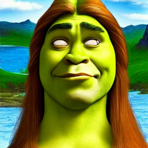 Image similar to shrek from shrek with long lush golden hair attractive muscular stylish knight in shining golden armor with long lush golden hair a strong jaw and attractive green eyes, fantasy art, hyper detailed, extremely complex, hyper realistic, similar to the mona lisa, art by leonardo devinci