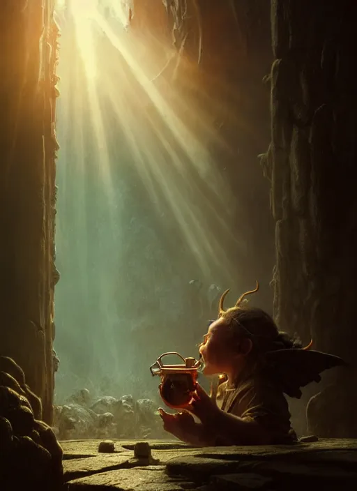 Image similar to A demon looks at a tiny human trapped in a jar, sunrays, dust in the air, DnD character, unreal engine, octane render, dramatic lighting, pond, digital art, by Stanley Artgerm Lau, greg rutkowski, thomas kindkade, alphonse mucha, loish, norman Rockwell,