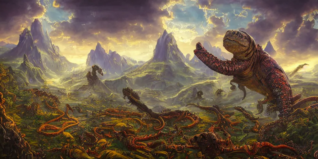 Image similar to fantasy oil painting, great leviathan, cybernetic turtle cephalopod terrapin reptilian pachyderm squid, bella hadid, hybrid, milla jovovich, anubis, epic natural light, lush plants flowers, spectacular mountains, bright clouds, luminous sky, outer worlds, golden hour, michael cheval, edward hopper, michael whelan, vray, hd