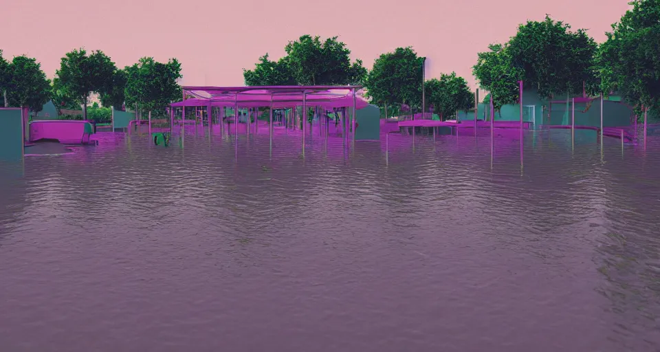 Prompt: 80s VHS vaporwave outrun 3d Render of a flooded german playground, liminal space retro, grainy, noisy