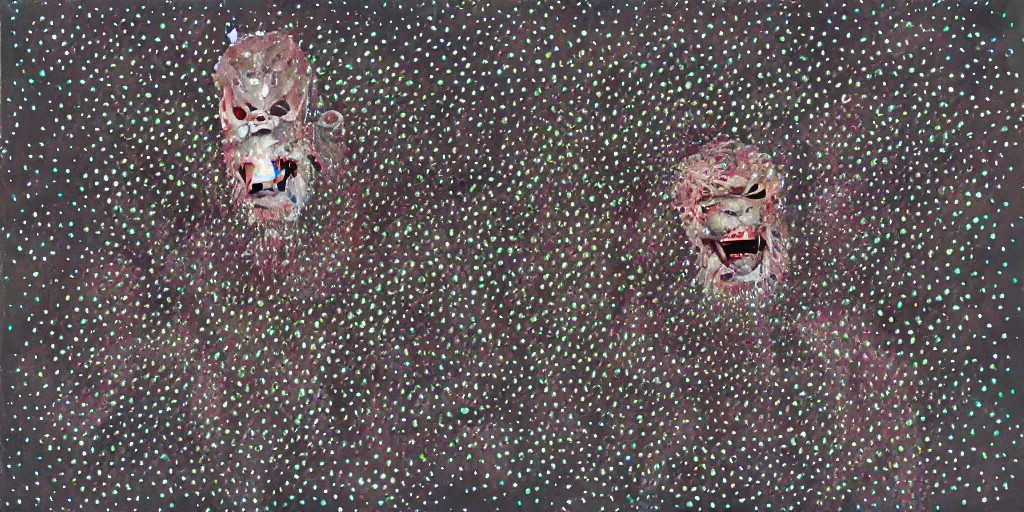 Image similar to camo made of teeth, smiling, abstract, francis bacon artwork, cryptic, dots, stipple, lines, splotch, color tearing, pitch bending, faceless people, dark, ominious, eerie, minimal, points, technical, old painting