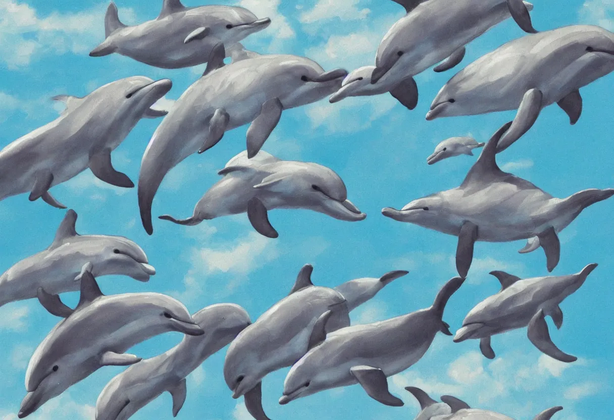 Prompt: close up on a family of dolphins flying through the sky together science fiction painting, cactus below