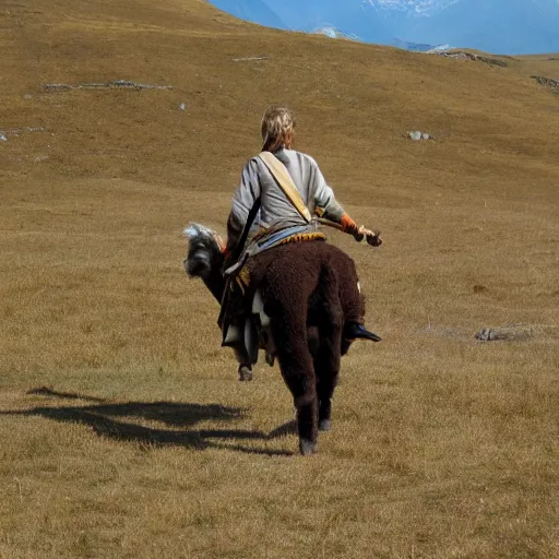 Prompt: rohirrim, riding toward minas tirith on alpacas