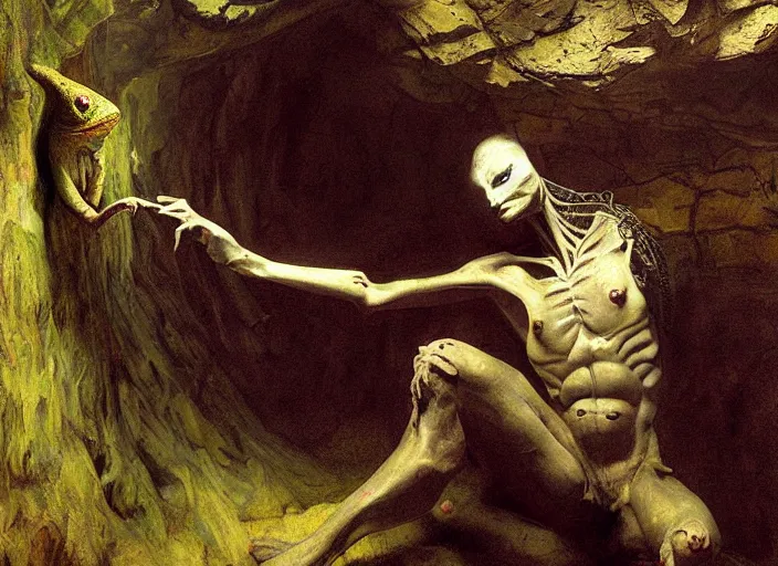 Prompt: underground cavern. troglodyte humanoid lizard - lik green skinned creature blends into the shadows of the passage, its eyes glowing. edgar maxence and caravaggio and michael whelan and delacroix style, artistic, intricate painting, cinematic lighting, hyper realistic, extremely detailed, vivid colors, establishing shot, dramatic lighting.