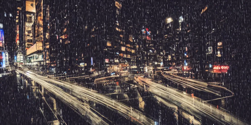 Image similar to a city street at night, raining, photograph, cars on the road, cyberpunk, sharp focus, intricate detail, drone shot, quick shutter speed