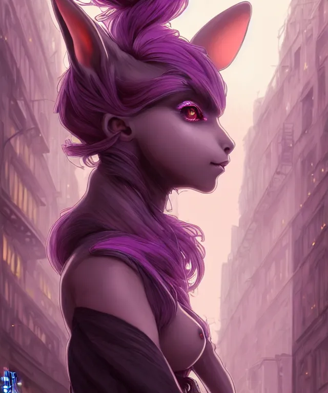 Image similar to anthropomorphic female Rabbit, eastern european origin, sci-fi, pink eyes, face, black and purple hair, fantasy, intricate, elegant, new york alleyway, moonlit, highly detailed, digital painting, artstation, concept art, smooth, sharp focus, illustration, art by artgerm and greg rutkowski and alphonse mucha