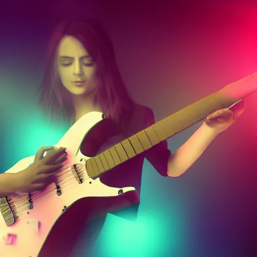 Image similar to women playing guitar, television sets in the background, artstation, details, volumetric light, futuristic, pastel