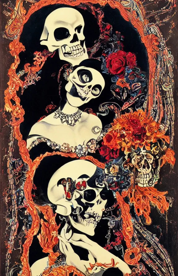 Prompt: a vintage movie poster of a woman in love with skull oriental, dark, jewels, by Saul Bass, by Georgia o Keeffe, by Gustave Moreau, by Yoshitaka Amano