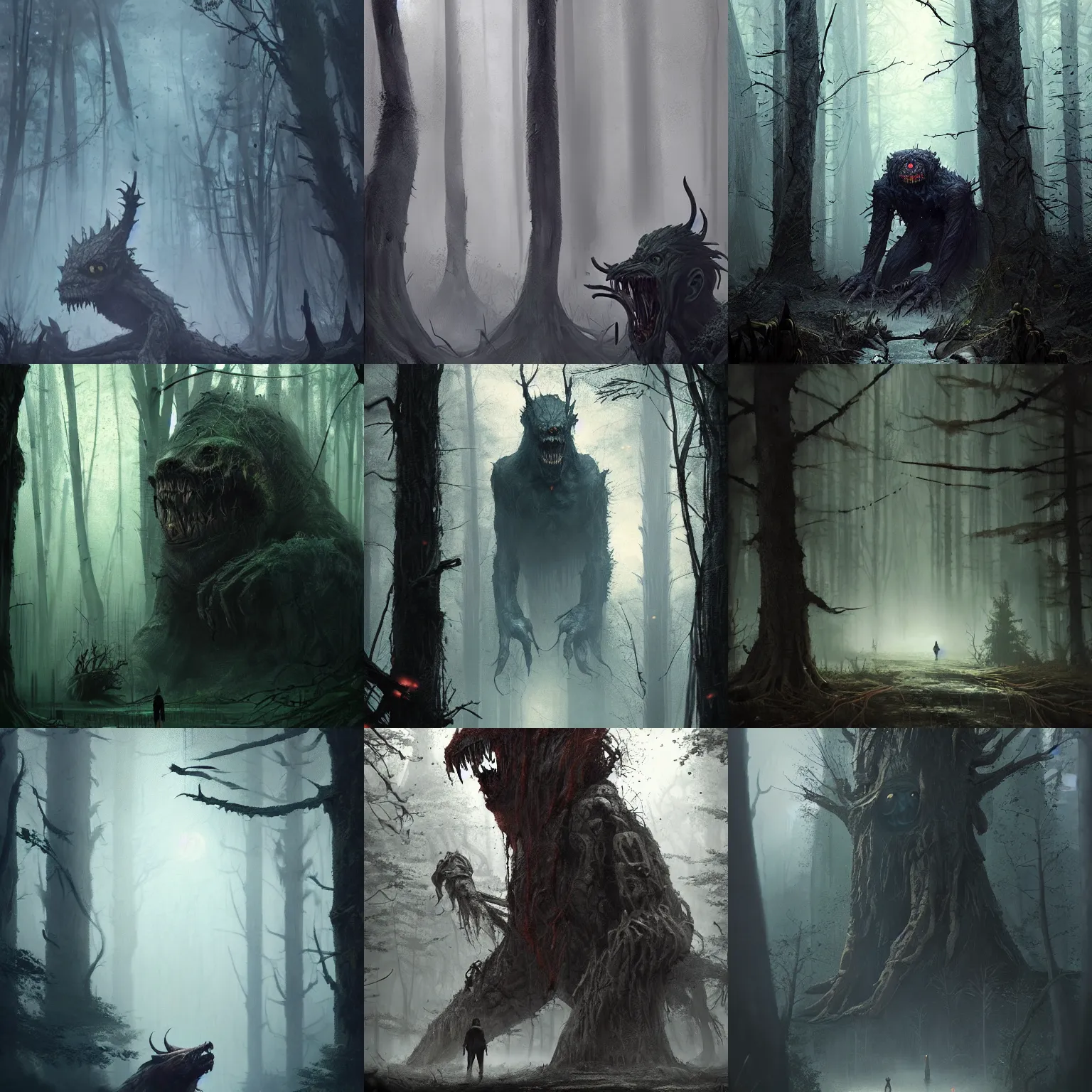 Prompt: a monster lurking in the shadows of the trees, forest, horror, unsettling, very very very very scary, by greg rutkowski, chris tulloch mccabe, valentina remenar and asher duran, digital art, concept art, trending on artstation