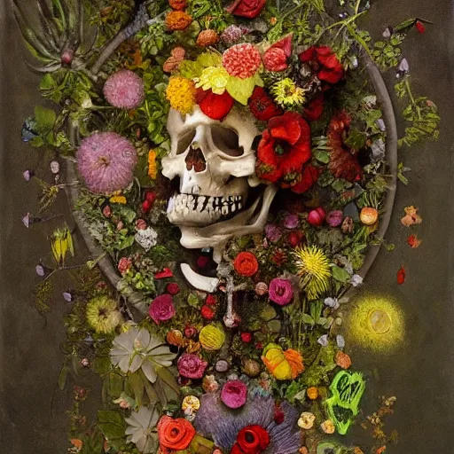 Image similar to 'Life from death' A beautiful detailed aesthetic horror painting depicting 'A skeleton with plants and flowers growing all over it, birds and bees flying all around it' by Odilon Redon and giuseppe arcimboldo, Trending on cgsociety artstation, 8k, masterpiece, cinematic lighting.