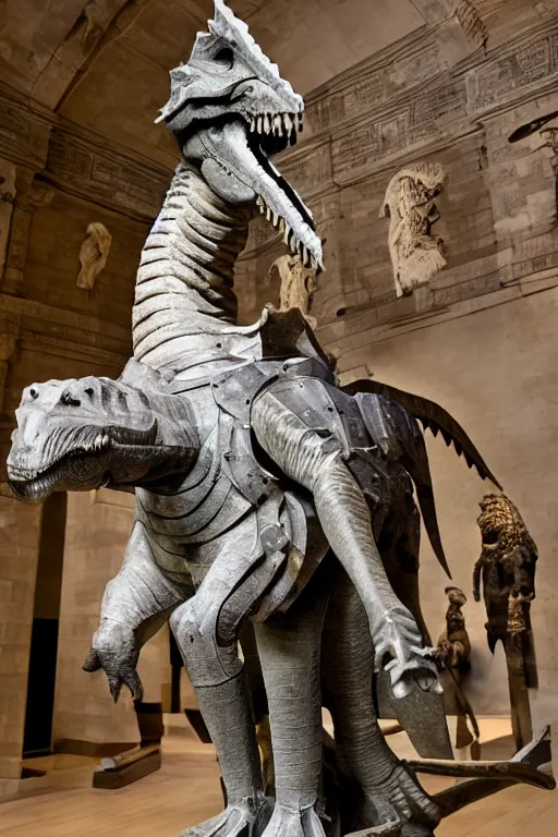 Image similar to medieval english, photo of stone statue, of a night in armor riding a dinosaur, romanesque style, in a large museum room