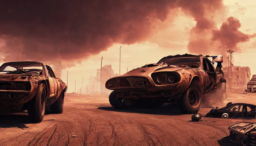 Image similar to racing in the streets of destroyed marseille in mad max, lightning, sandstorm, cars, hyperdetailed, artstation, cgsociety, 8 k