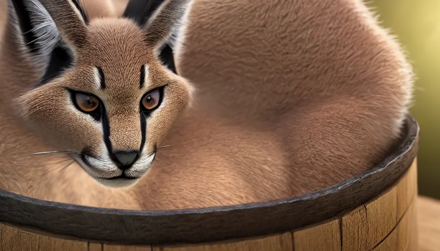 Image similar to closeup photo of cute fluffy caracal lying in wooden barrel, by ilya kuvshinov, rtx rendering, octane render 1 2 8 k, maya, extreme high intricate details by tom bagshaw, medium shot, close up shot, composition by sana takeda, lighting by greg rutkowski