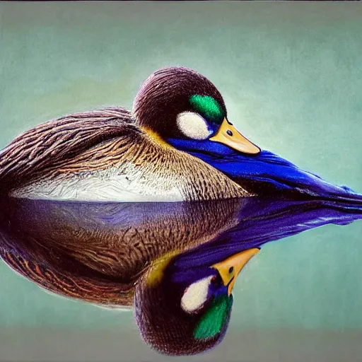 Image similar to hyperrealistic mixed media high resolution painting of a mallard with proportional human extremities, stunning 3d render inspired art by István Sándorfi and Greg Rutkowski, perfect symmetry, dim volumetric lighting, 8k octane beautifully detailed render, post-processing, extremely hyper-detailed, intricate, epic composition, highly detailed attributes, highly detailed atmosphere, cinematic lighting, masterpiece, trending on artstation, very very detailed, masterpiece, stunning, flawless structure, lifelike texture, perfection,