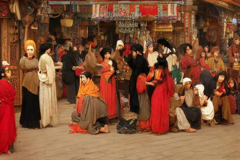 Prompt: orientalist paintingof a busy marketplace. In the center is a woman with thick black bangs and curly hair wearing a red dress selling tapestries intricate artwork by Fabio Fabbi and john william waterhouse and Edwin Longsden Long and Nasreddine Dinet and Theodore Ralli trending on artstation, very coherent symmetrical artwork high detail 8k