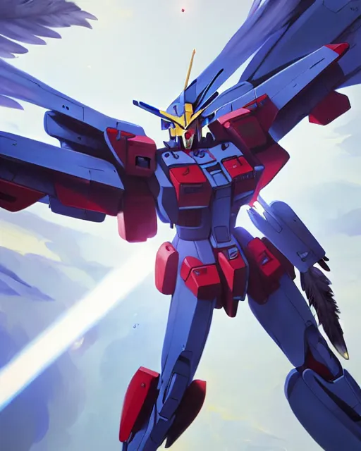 Image similar to highly detailed vfx portrait of a gundam with wings of feathers beam saber fighting in space with a beam gun, unreal engine, greg rutkowski, loish, rhads, beeple, makoto shinkai and lois van baarle, ilya kuvshinov, rossdraws, tom bagshaw, alphonse mucha, global illumination, detailed and intricate environment