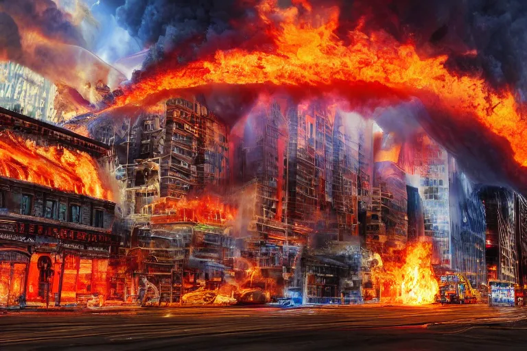 Prompt: destructive fire tornado in the city, photorealistic, highly detailed, sharp focus, vivid, colorful, symmetrical, random, convoluted, mind - blowing, creative, fully functional, end of the world, physics defying
