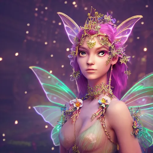 Image similar to portrait of fairy princess, glowing, ornate and intricate jewelry, jaw dropping beauty, glowing background lighting, white accent lighting, hyper detailed, fairy tale, 4 k octane render