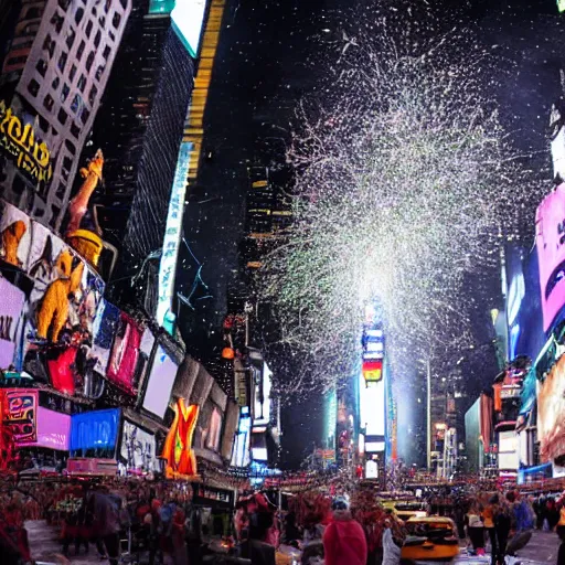 Image similar to an epic highres gopro shot of spaghetti raining down on times square