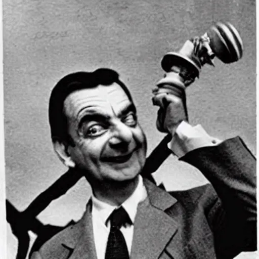 Prompt: Archival photo of Mr Bean riding the atomic bomb