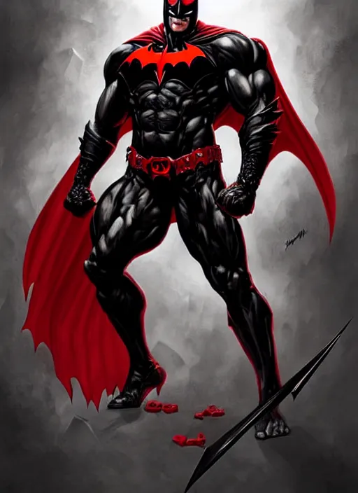 Image similar to portrait of aggressive demonic damned batman, d & d, muscular! athetic slim bodybuilder, red and black, futuristic, fantasy, intricate, elegant, highly detailed, digital painting, artstation, concept art, smooth, sharp focus, illustration, art by artgerm and greg rutkowski and alphonse mucha