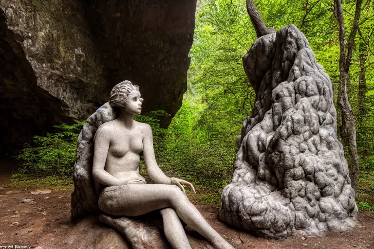 Image similar to high quality beauty statue sitting at the entrance of a huge cave in the middle of a forrest, highly detailed, cinematic smooth, stephen shore & john j. park, soft morning light, wide shot, high angle, uhd 8 k, deep focus