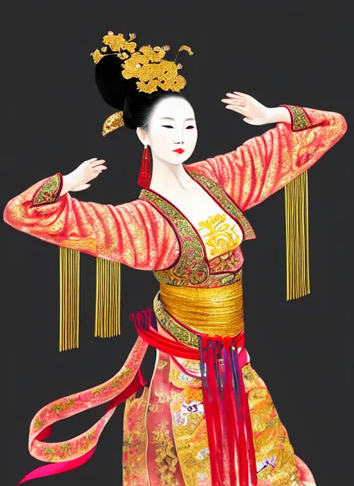 Prompt: full portrait of a chinese dancer doing silk ribbon dance, barefoot, agile, elegant, extremely beautiful, elaborate gold jewelry, hanfu, traditional chinese clothing, ming dynasty, detailed, realistic face, anatomically accurate, fantasy art.