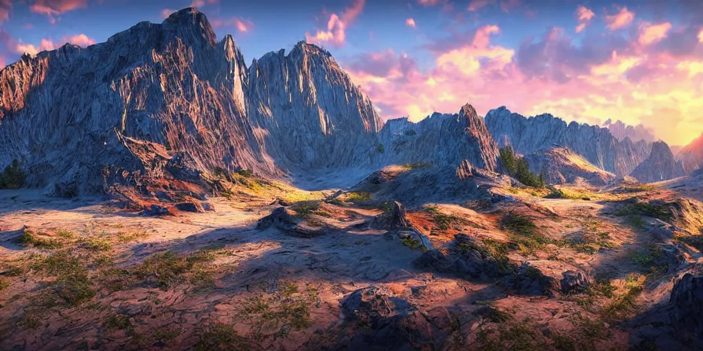 Image similar to a beautiful landscape, sun rises between two mountains, colourful 3 d artwork by phillipp urlich, unreal engine 5, extremely detailed, hyper realism