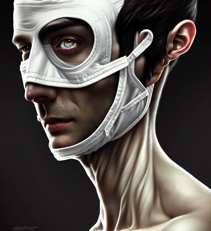 Image similar to white man with black fabric medical mask, short dark hair, highly detailed face!!!, true anatomy!, extremely detailed!, digital painting, unreal engine 5, art by tom bagshaw